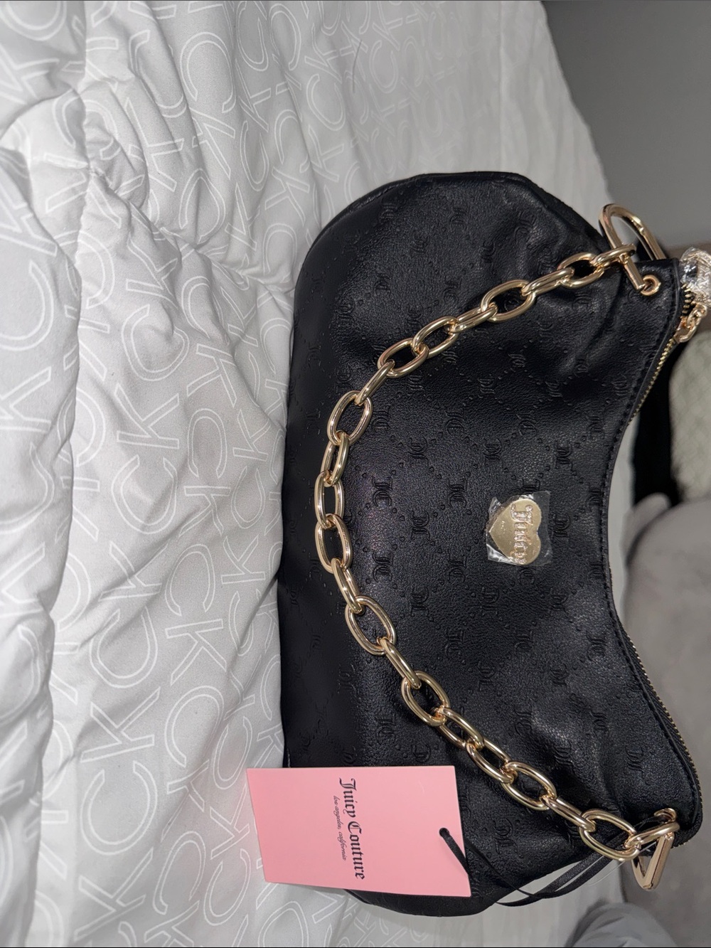 Juicy Couture Black Satin Mini Shoulder Bag with Gold Chain